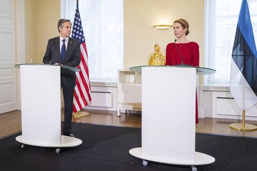 US Secretary of State Antony Blinken, left, and Estonian Prime Minister Kaja Kallas speak at press conference  in Tallinn, Estonia, on March 8, 2022. 
