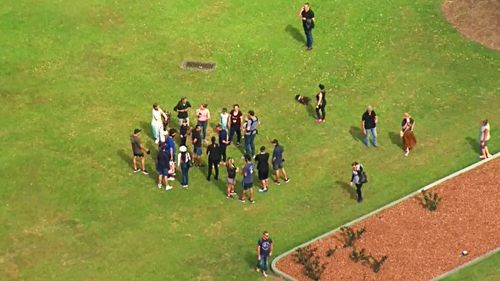 A group of over a dozen people, appearing to be unmasked, also gathered at nearby at New Farm Park just before 12pm with a man being arrested nearby. 