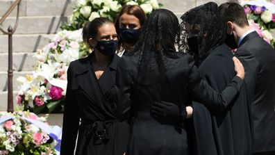 (L-R) Princess Stephanie of Monaco, Pauline Ducruet, Princess Caroline of Hanover, Melanie Antoinette de Massy and Louis Ducruet leave the Monaco Cathedral after Elizabeth-Ann De Massy's Funerals on June 17, 2020 in Monaco, Monaco