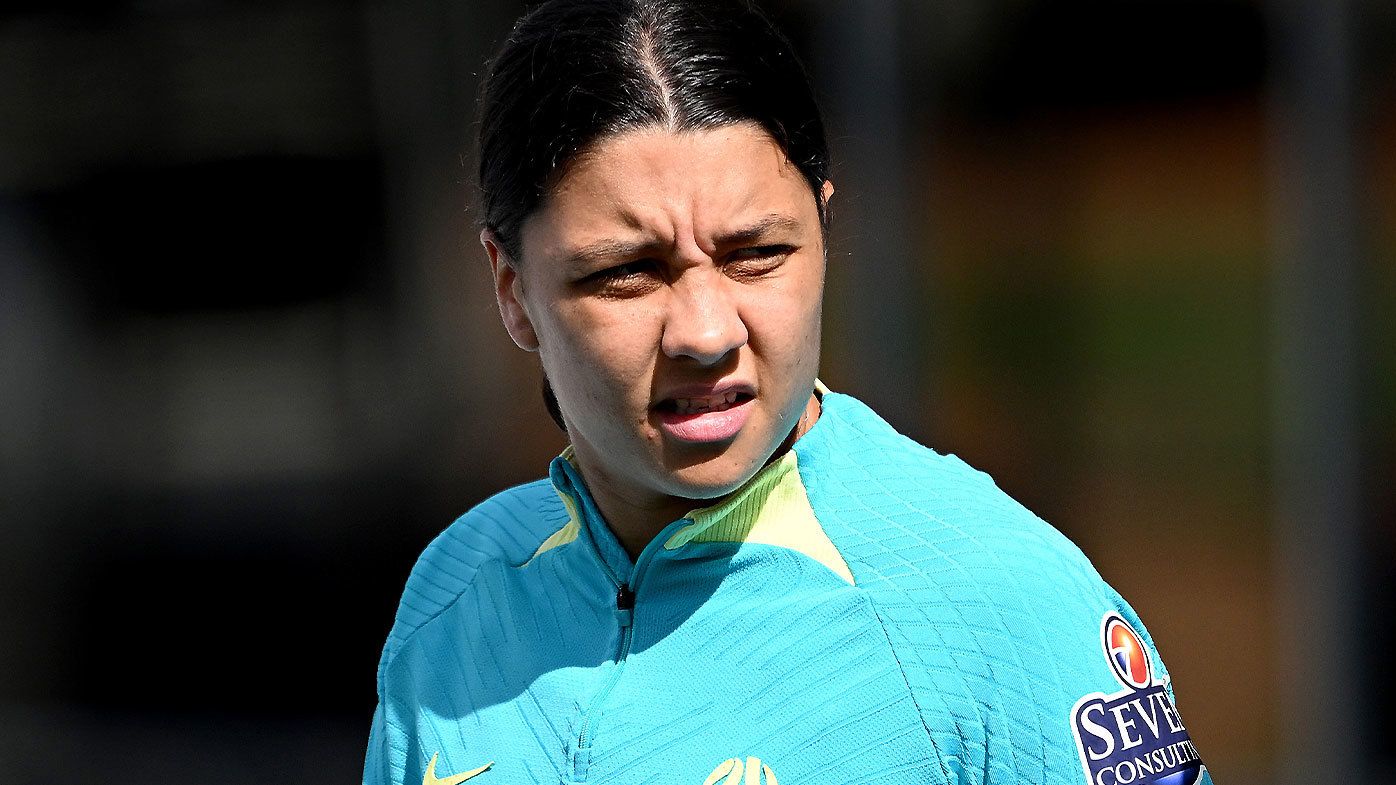 Sam Kerr pictured during a Matildas training session ahead of the Denmark clash