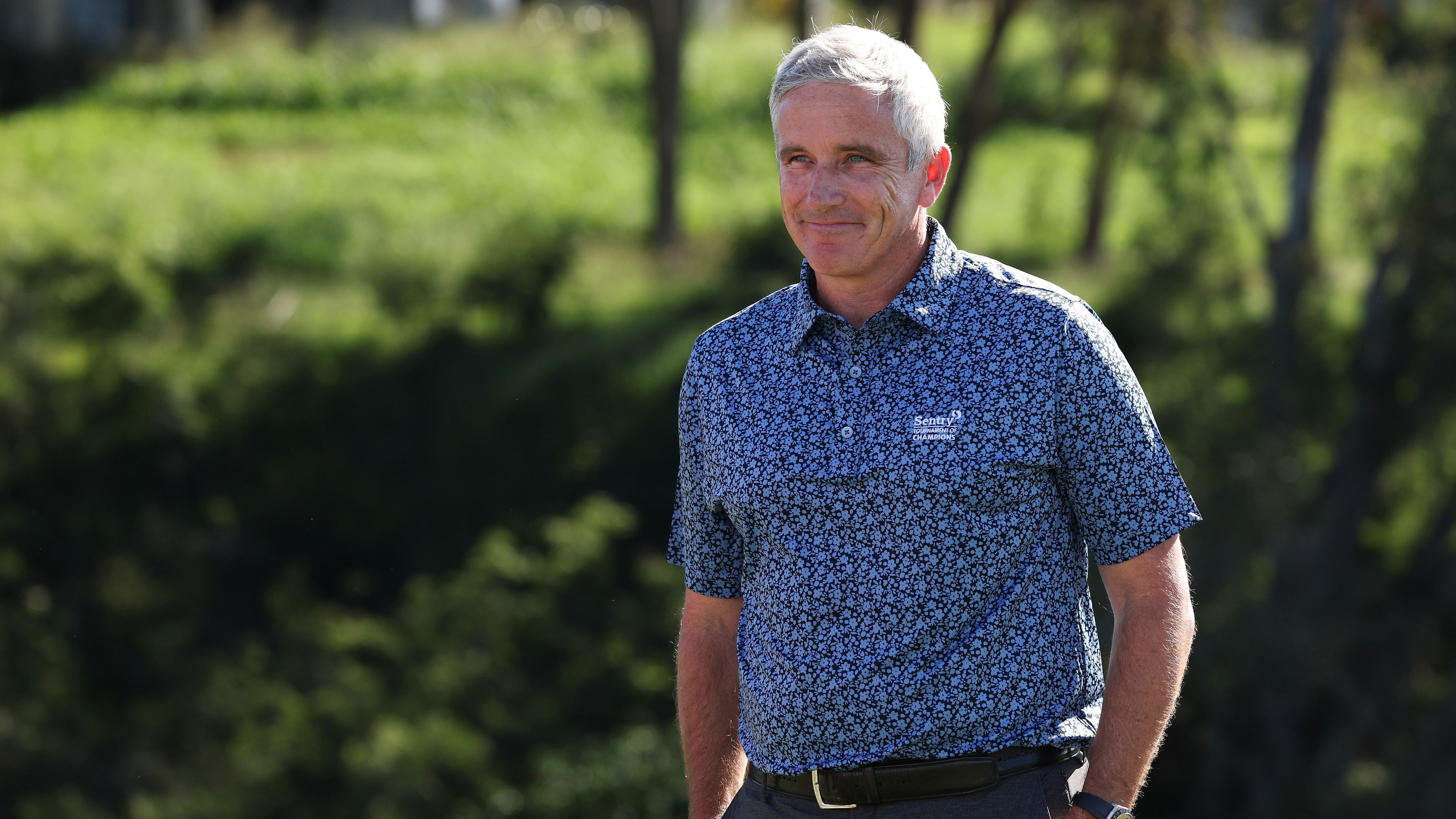 Jay Monahan, PGA TOUR Commissioner, looks on during the trophy ceremony after the final round of the Sentry Tournament of Champions at Plantation Course at Kapalua Golf Club on January 08, 2023 in Lahaina, Hawaii. (Photo by Harry How/Getty Images)
