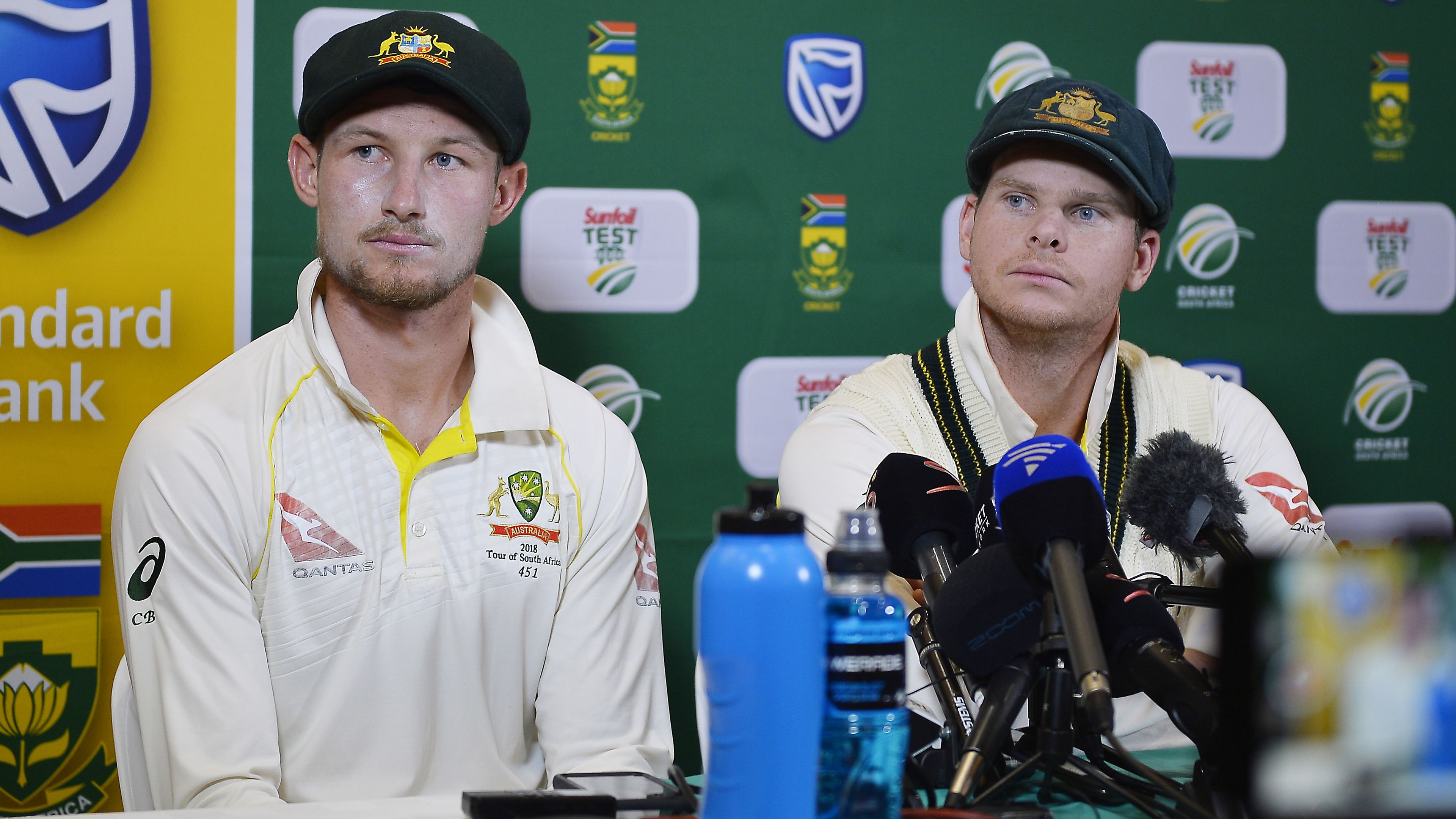 Steve Smith and Cameron Bancroft face the media after the Cape Town cheating scandal.