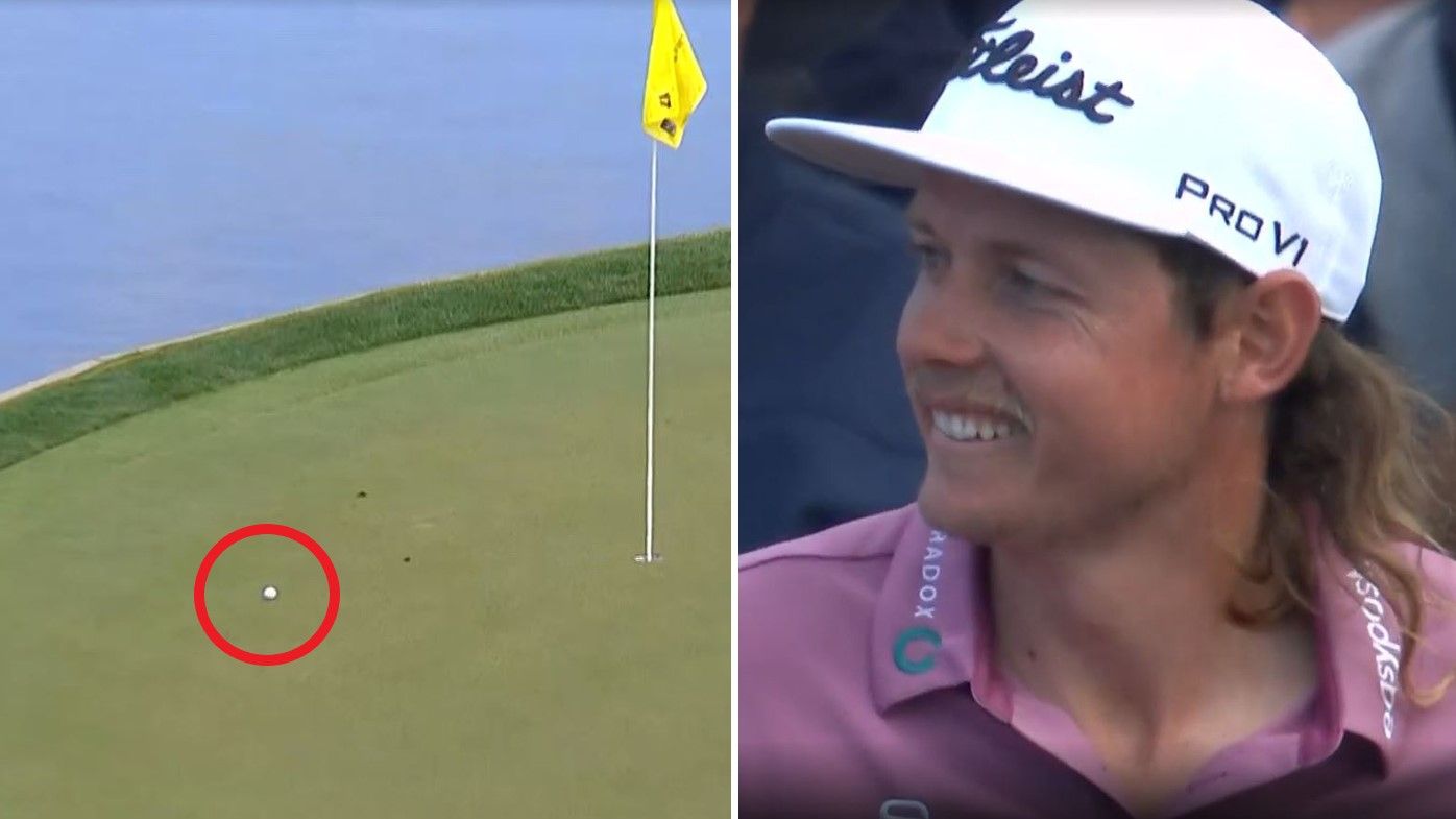 Cameron Smith reacts to his incredible tee shot at the 17th hole during the final round of the Players Championship.