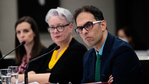 L-R Courtney Houssos, Penny Sharpe, and Daniel Mookhey question Amy Brown as she gives evidence at the NSW Parliamentary Inquiry into the appointment of former NSW Deputy Premier John Barilaro to the New York Trade Commissioner role. 29th June 2022