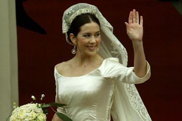 Mary Donaldson (Princess Mary) arrives at Copenhagen Cathedral for her wedding to Crown Prince Frederik in Denmark on May 14, 2004