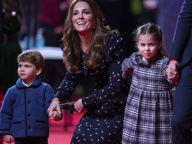 Catherine, Duchess of Cambridge, Prince Louis and Princess Charlotte attend a special pantomime performance at London's Palladium Theatre.