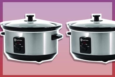 9PR: Russell Hobbs 3.5 litre Silver Slow Cooker on pink and purple background.