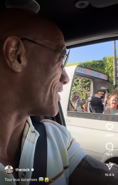 The Rock surprises fans on a tour bus