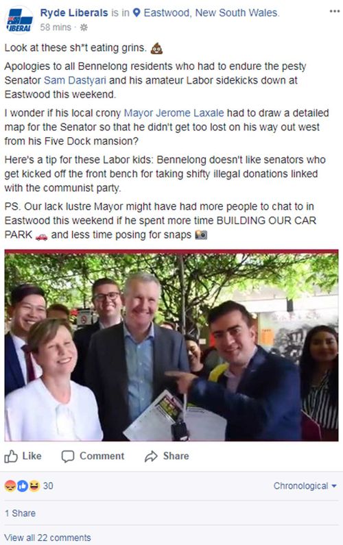 The post as it appeared, prior to it being edited. (Facebook/Liberal Party of Ryde)