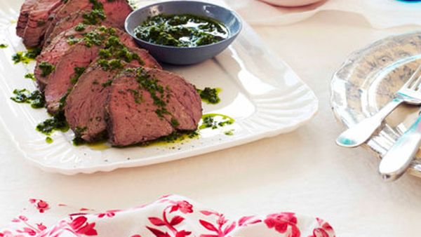 Rare roast beef with anchovies, garlic and rocket salsa verde