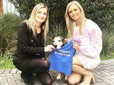 Patrice Pandeleos (left) with Buddy and Emma Hurst (right), an MP for the Animal Justice Party in NSW.