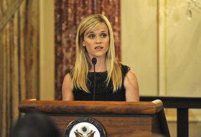 Reese Witherspoon speaks at the Global Women's Leadership at the International Women of Courage Awards hosted by Secretary of State Hillary Clinton and attended by First Lady Michelle Obama in 2010.