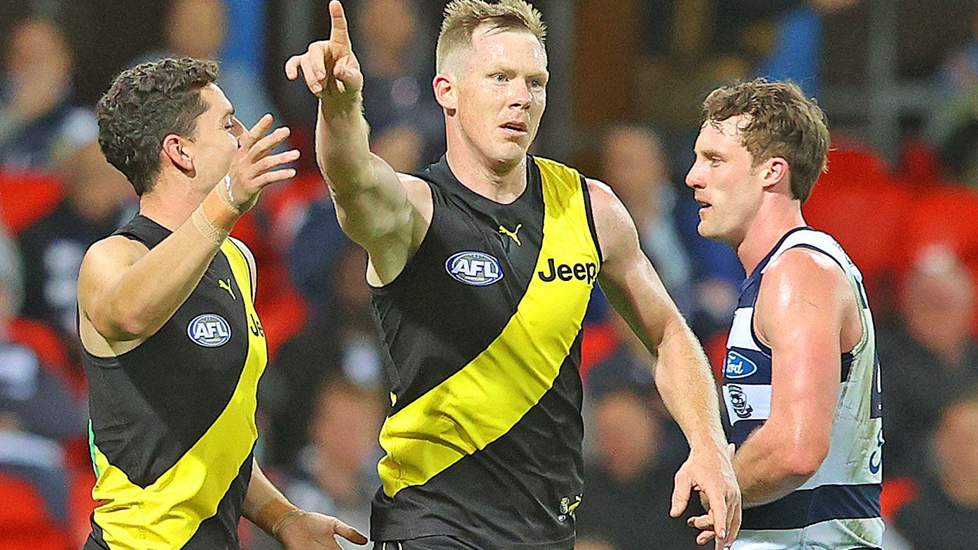 Jack Riewoldt celebrates scoring a goal