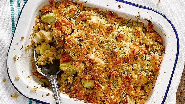 Baked chicken risotto with rosemary and parmesan