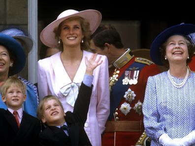 Diana, Princess of Wales, Prince William, Prince Harry, Queen Elizabeth II, Princess Margaret, Prince Charles, Prince of Wales, Trooping the Colour, 17th June 1989. (Photo by John Shelley Collection/Avalon/Getty Images)