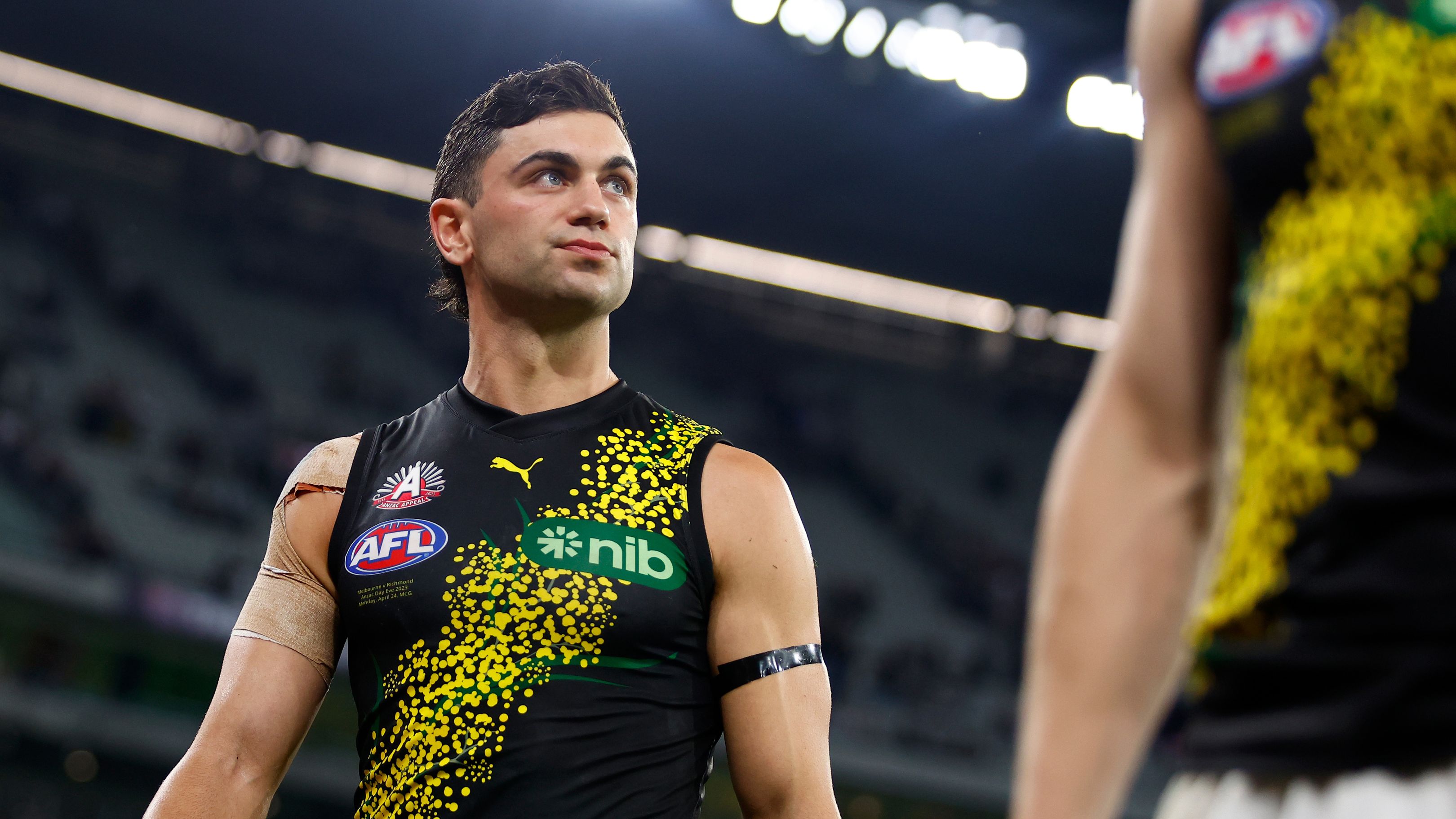 MELBOURNE, AUSTRALIA - APRIL 24: Tim Taranto of the Tigers looks dejected after a loss during the 2023 AFL Round 06 match between the Melbourne Demons and the Richmond Tigers at the Melbourne Cricket Ground on April 24, 2023 in Melbourne, Australia. (Photo by Dylan Burns/AFL Photos)