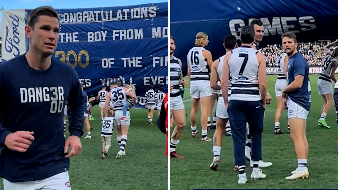 Tom Hawkins' pre-match gaffe has teammates in stitches as Geelong deliver warning shot ahead of finals