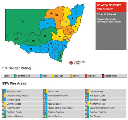 Fire bans and risk ratings across NSW today. (RFS)