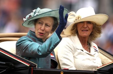 Anne, Princess Royal and Mrs. Simon Elliot (Annabel Elliot) arrive in The Royal Procession prior to Royal Ascot 2023 at Ascot Racecourse on June 20, 2023 in Ascot, England 