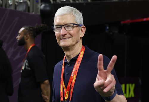 Tim Cook, CEO of Apple, looks on from the field prior to Super Bowl LIX between the Kansas City Chiefs and the Philadelphia Eagles at Caesars Superdome on February 09, 2025 in New Orleans, Louisiana.