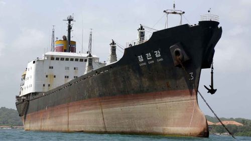 The North Korean-flagged cargo ship Chungcheon Gang after it was caught in Panama carrying weapons in 2014 (AAP)
