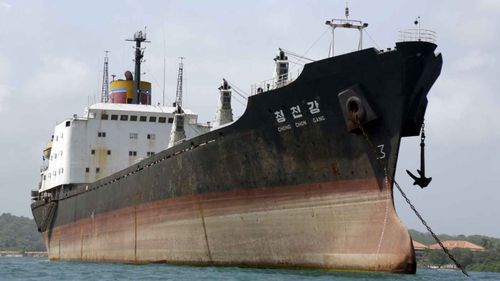 North Korean-flagged cargo ship Chong Chon Gang after it was caught in Panama carrying weapons in 2014. (AAP)