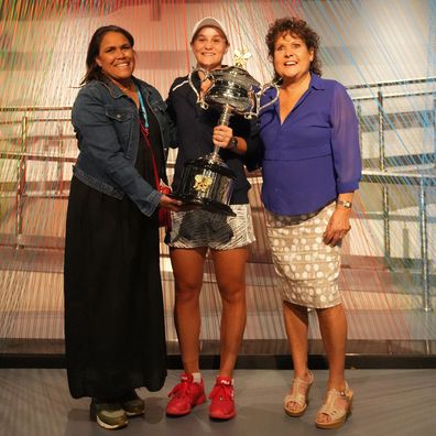 Ash Barty with Evonne Goolagong Cawley and Cathy Freeman after winning the Australian Open womens singles final on January 29, 2022. 