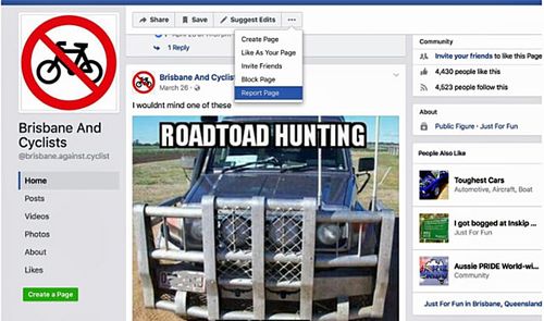 A screenshot of an anti- cyclist Facebook page, Brisbane And Cyclist, which was launched last year.