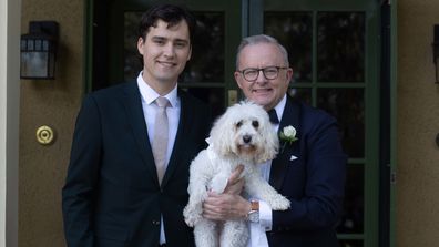 The Prime Minister Anthony Albanese with his son Nathan and ringbearer Toto before the ceremony today in Canberra.