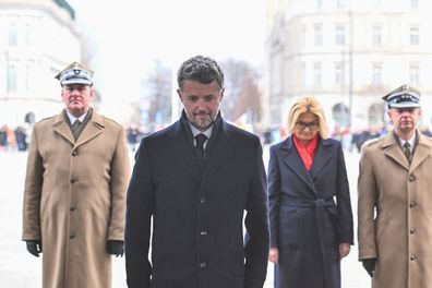 King Frederik X Of Denmark pays his respects by the Tomb of Unknown Soldier on January 31, 2024 in Warsaw, Poland. 