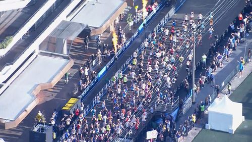 Runners lining up for the Sydney Marathon this morning.