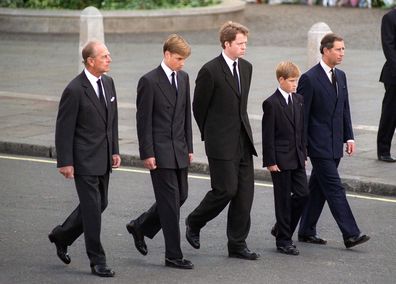 The Duke Of Edinburgh, Prince William, Earl Spencer, Prince Harry And The Prince Of Wales Following The Coffin Of Diana, Princess Of Wales  (Photo by Tim Graham Photo Library via Getty Images)