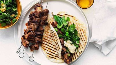 Grilled cumin and chilli lamb skewers with smoky eggplant purée