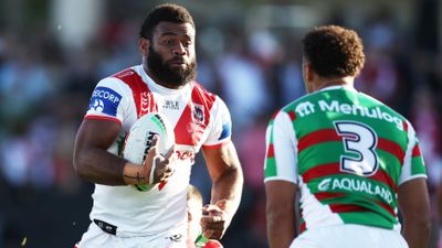 Mikaele Ravalawa runs the ball during the Dragons' round 15 match against the Rabbitohs.