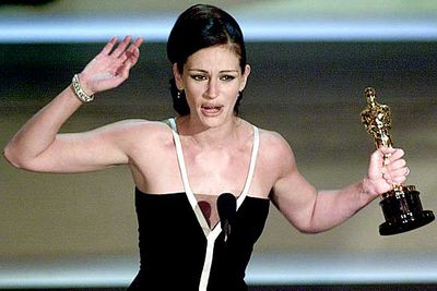 <B>The Oscar:</B> Best Actress for <I>Erin Brockovich</I>, at the 73rd Academy Awards (2001).<br/><br/><B>The speech:</B> Roberts' five-minute speech was the second longest in Oscar history, allowing her to thank her co-stars, agent and producers - but not Brockovich herself, whose story was the reason Julia won the award in the first place. Burned. Watch her horse laugh on the next slide.<br/><B>Worst bit:</B> <I>[To her shiny new Oscar statue]</I> "I can't believe this - this is quite pretty."