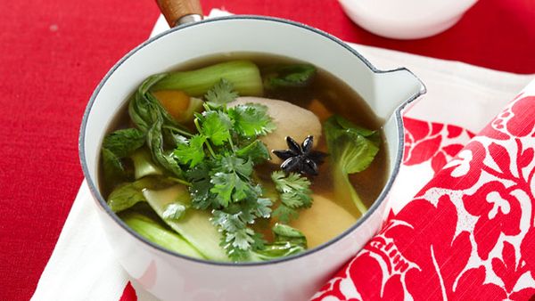Chicken and pak choy in ginger broth