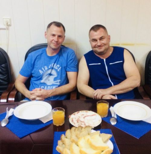 Nick Hague (left) and Russian cosmonaut Alexey Ovchinin pictured after their emergency landing in Baikonur, Kazakhstan.