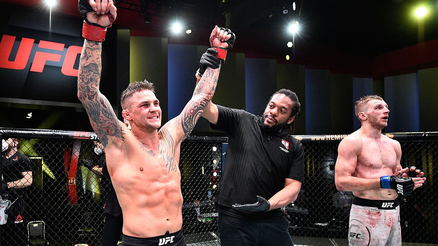 Image provided by UFC, Dustin Poirier celebrates after his victory over Dan Hooker of New Zealand