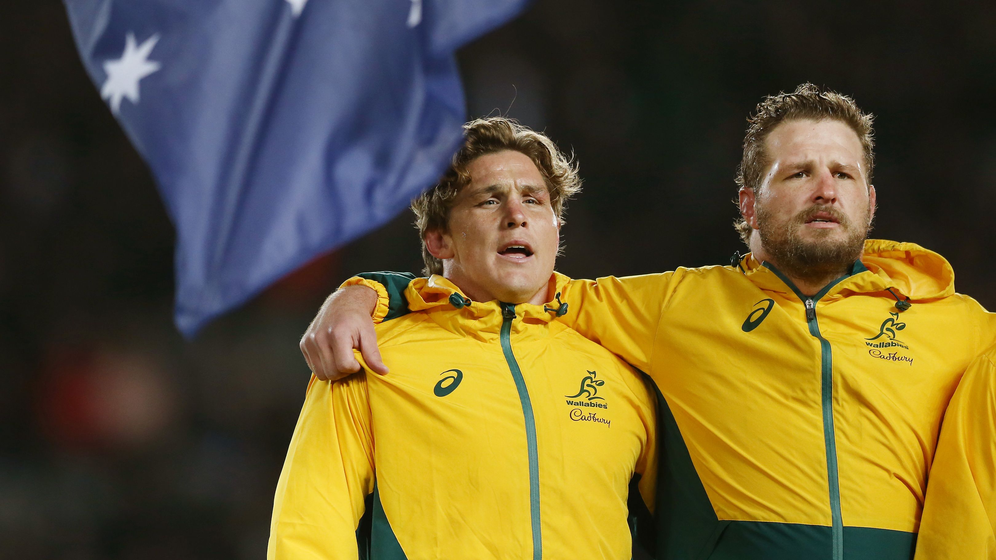 Michael Hooper and James Slipper of the Wallabies sing the national anthem.
