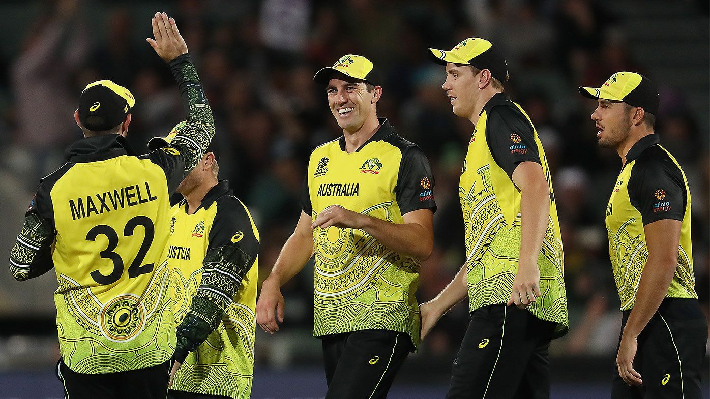 Australian players celebrate an Afghanistan wicket at the T20 World Cup