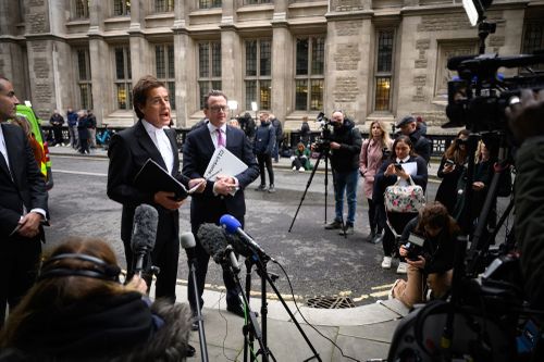 David Sherbourne reads a written statement on behalf of his legal client Prince Harry following the ruling in his favour in a lawsuit against the Mirror Group on December 15, 2023 in London