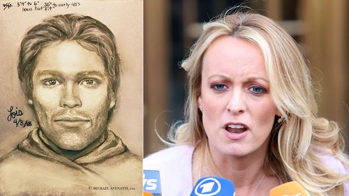 Stormy Daniels and the sketch of her alleged assailant. (AAP)