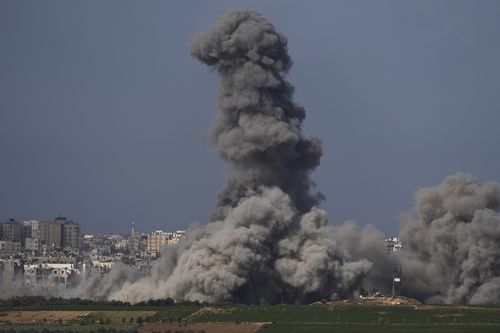 Smoke rises following an Israeli airstrike in the Gaza Strip, as seen from southern Israel, Friday, Oct. 20, 2023. 