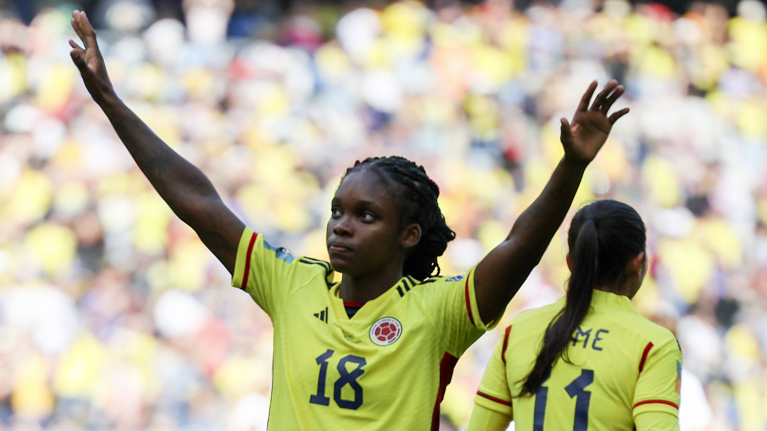 Colombia&#x27;s Linda Caicedo reacts after scoring her first goal during the Women&#x27;s World Cup Group H soccer match between Colombia and South Korea at Sydney Football Stadium.