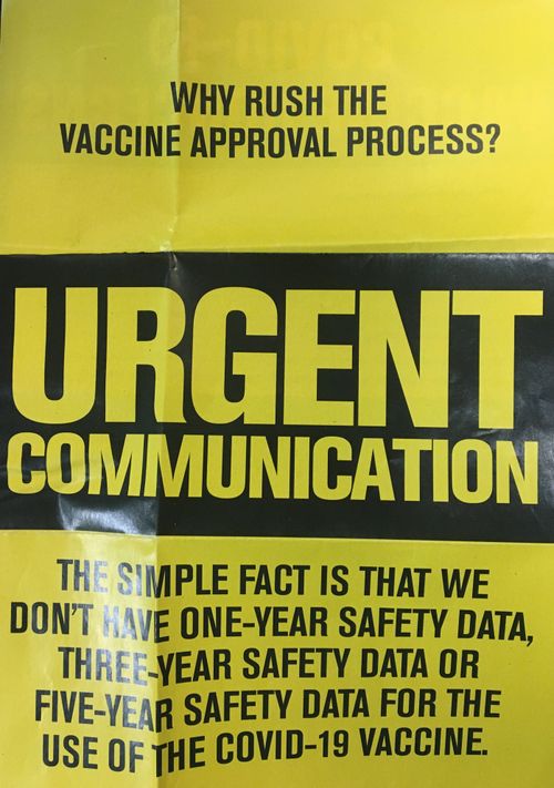 A pamphlet distributed by Clive Palmer questioning the vaccine approval process.