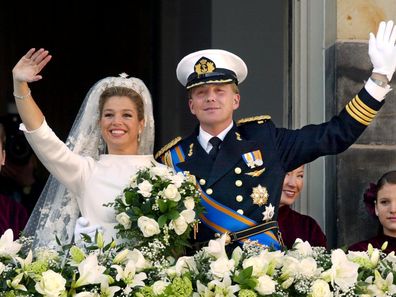 Prince Willem-Alexander and Maxima Zorreguieta, now King Willem-Alexander and Queen Maxima of the Netherlands, on their wedding day in February 2002