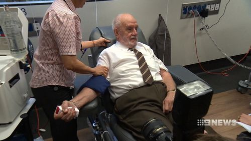 Blood donor James Harrison, 81, holds a world record for the number of times he's donated since first beginning in 1957. Picture: 9NEWS.