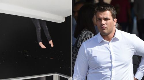 A re-enactment (L) of the circumstances that led to Warriena Wright's death show legs dangling over a balcony and Gable Tostee outside court (R).