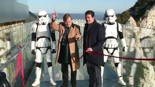 Mark Hamill ditched his lightstaber for a pair of scissors to open Gibraltar Skywalk (SUPPLIED)