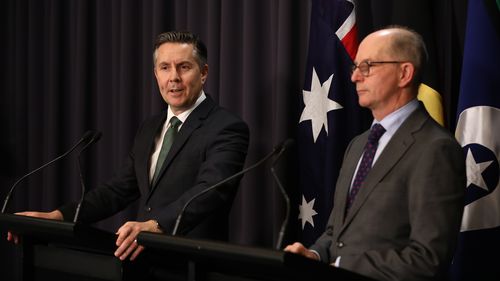 Minister for Health and Aged Care Mark Butler and Chief Medical Officer Paul Kelly provide a COVID-19 update at Parliament House in Canberra on November 15, 2022.  Photo: Dominic Lorrimer